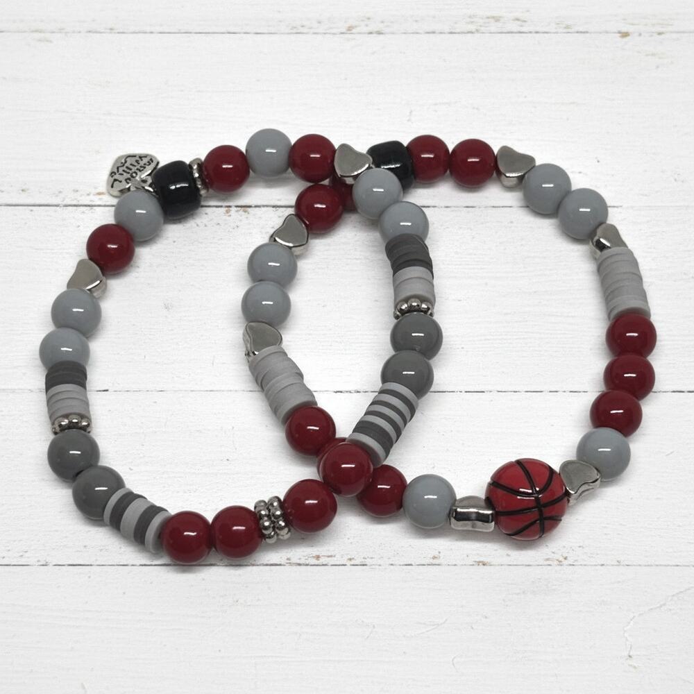 Basketball Inspired Stretch Bracelet Set Heishi Beads Sports Fans Grey Maroon